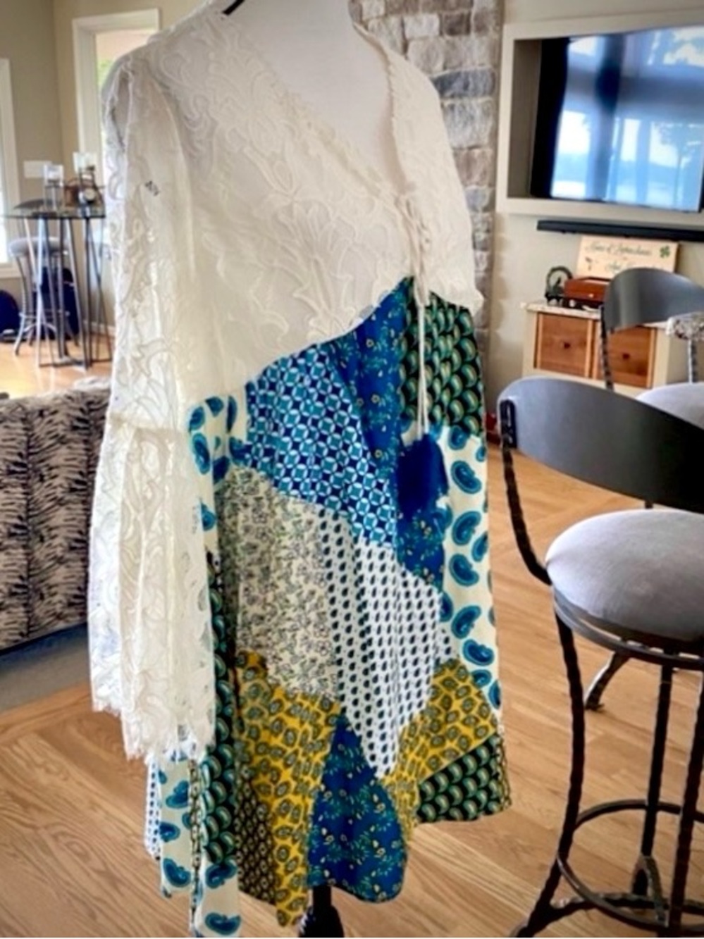 Boho Patchwork Lace Flowy Dress in Cream, Blue & Green, yellow accents. Lovely